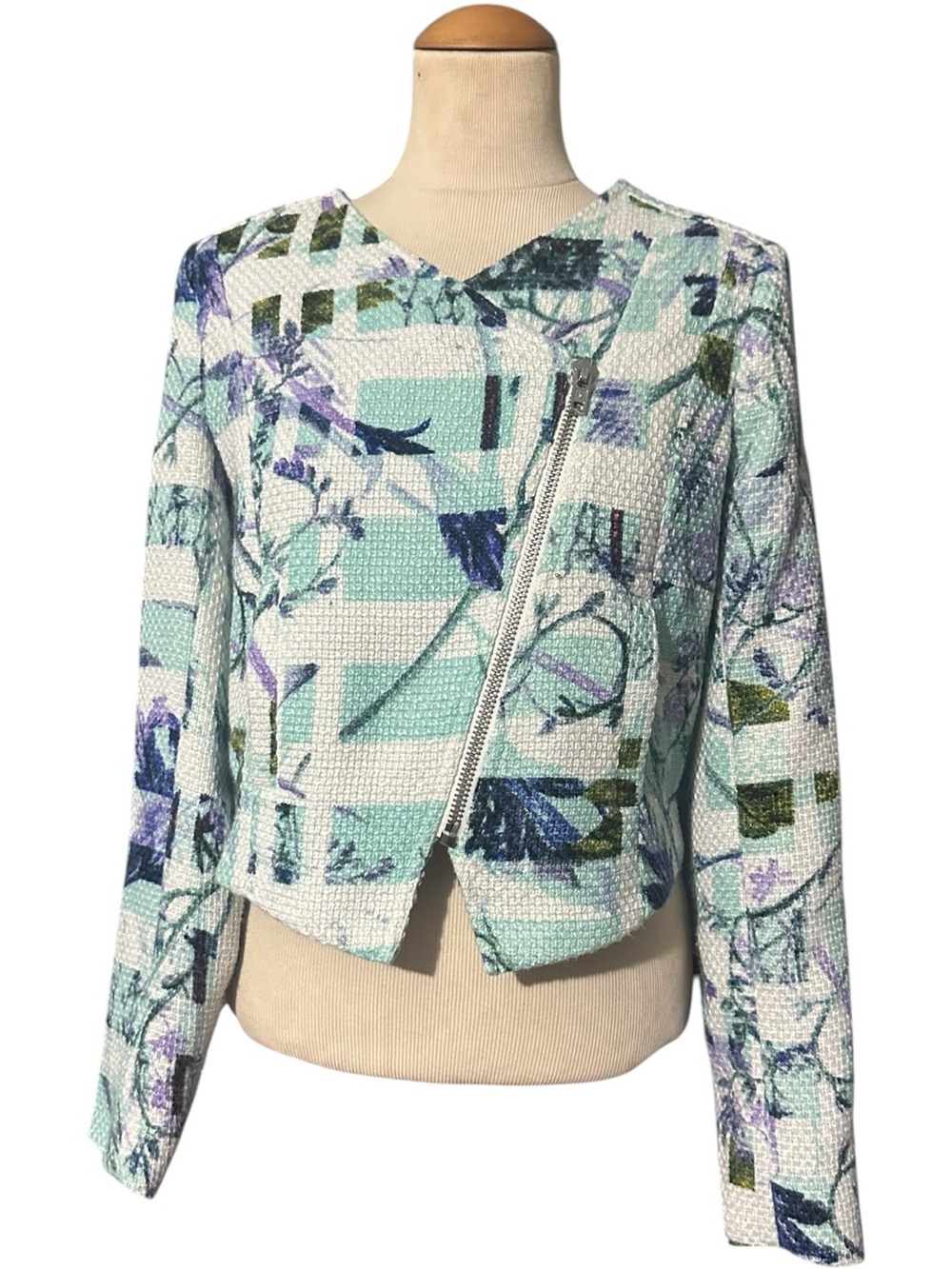 BCBGeneration Tweed Jacket Abstract Floral Aqua Shell Multi Size 4